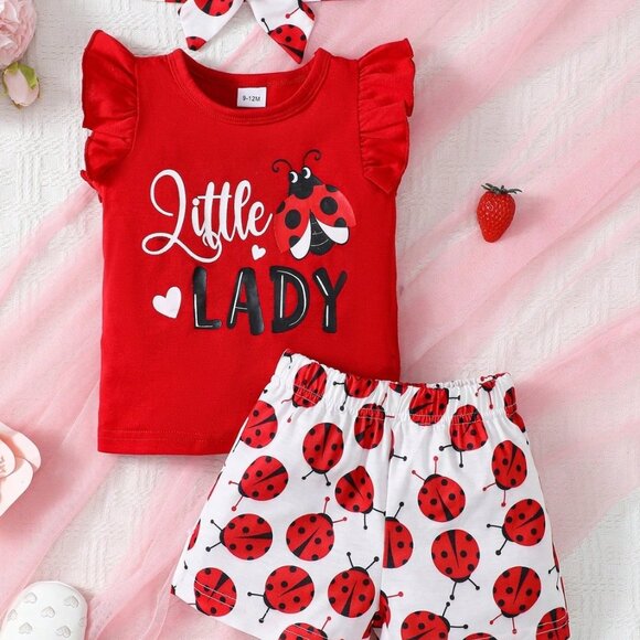Ladybug Baby Girl Outfit | Little Lady 3PC Set 6 - 9M -3T Infant Summer Clothes - Picture 7 of 8